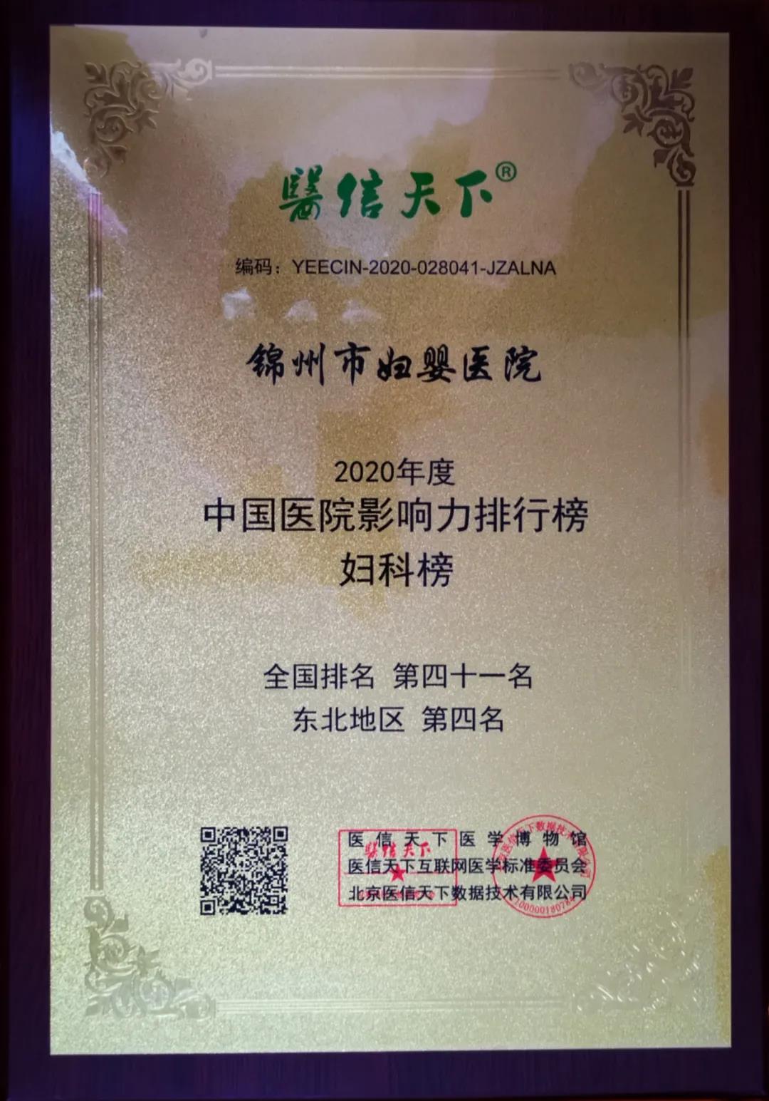 【医院荣誉】锦州市妇婴医院妇科荣登中国医院影响力排行榜百强